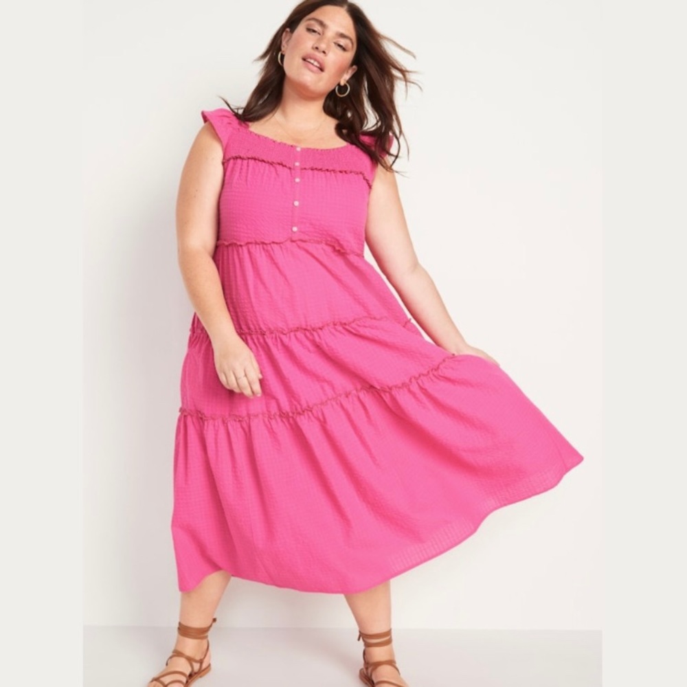 Old Navy Women's Pink Flutter-Sleeve Printed Tiered Smocked Midi Swing Dress NWT